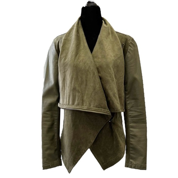 Dex Olive Green Open Front Draped Waterfall Moto Jacket Faux Leather/Suede XS - Picture 16 of 16